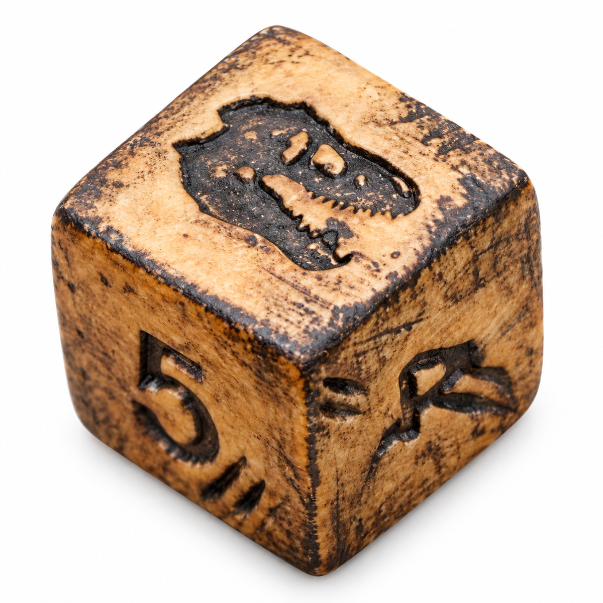 Single D6 die cast from pulverized real T-Rex fossil with engraved T-Rex face