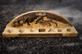 T-Rex fossil dice display stand holding a polyhedral set