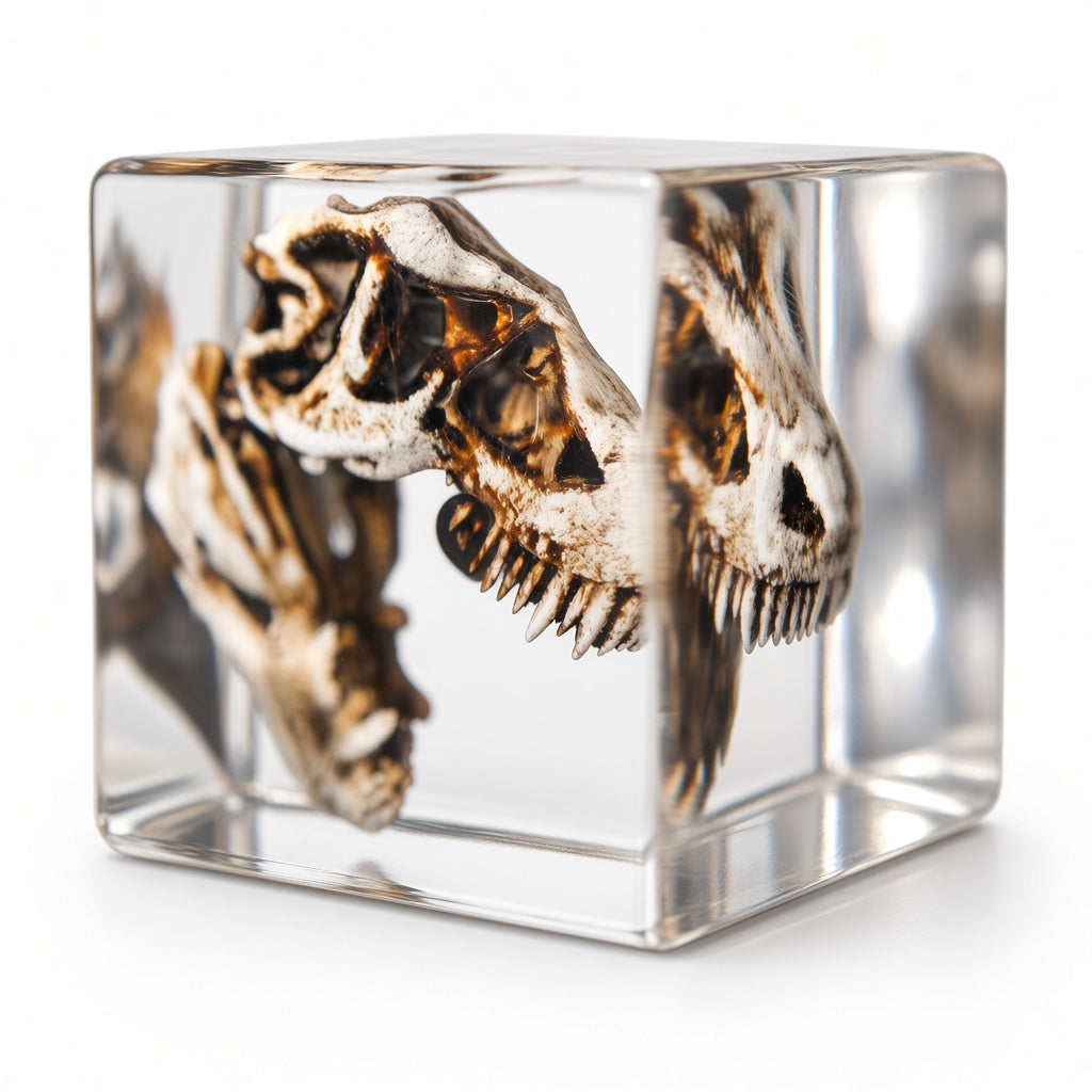 T-Rex skull replica suspended inside a clear resin D6 die