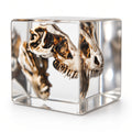 T-Rex skull replica suspended inside a clear resin D6 die