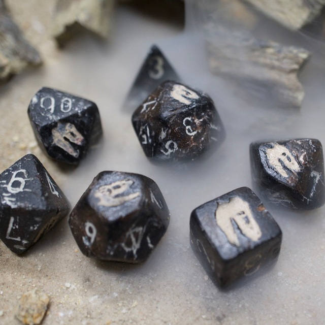 Carved solid T-Rex fossil D20 die, Full carved T-Rex bone polyhedral dice set