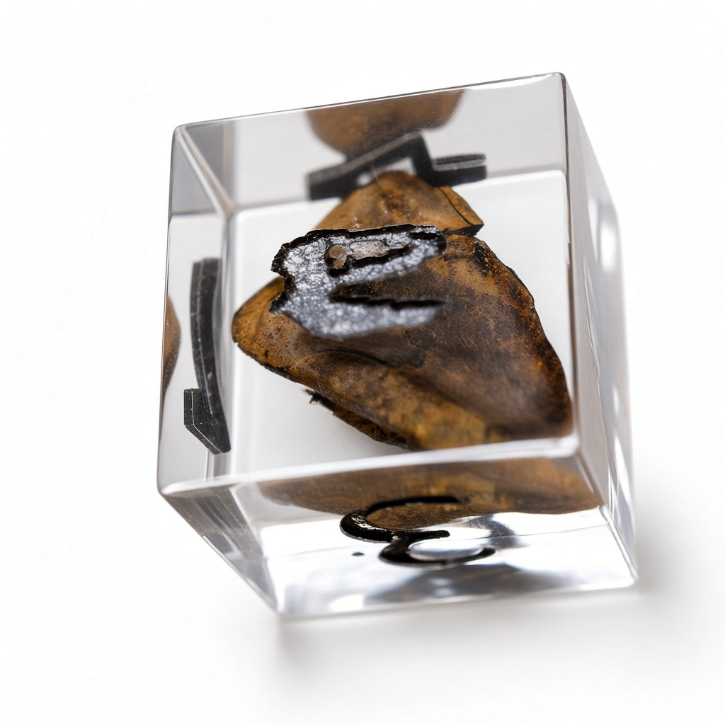 Real T-Rex fossil fragment suspended inside a clear resin D6 die